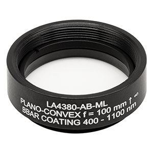 LA4380-AB-ML - Ø1in UVFS Plano-Convex Lens, SM1-Threaded Mount, f = 100 mm, ARC: 400 - 1100 nm