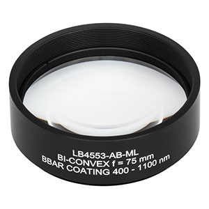 LB4553-AB-ML - f = 75 mm, Ø2in Mounted UV Fused Silica Bi-Convex Lens, AR Coating: 400 - 1100 nm