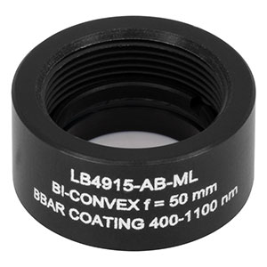 LB4915-AB-ML - f = 50 mm, Ø1/2in Mounted UV Fused Silica Bi-Convex Lens, AR Coating: 400 - 1100 nm