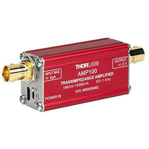 AMP100 - Transimpedance Amplifier, 1 kHz Bandwidth, Switchable Gain: 1, 10, or 100 MV/A