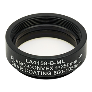 LA4158-B-ML - Ø1in UVFS Plano-Convex Lens, SM1-Threaded Mount, f = 250.0 mm, ARC: 650 - 1050 nm