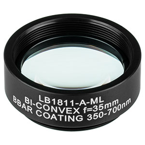 LB1811-A-ML - Mounted N-BK7 Bi-Convex Lens, Ø1in, f = 35.0 mm, ARC: 350 - 700 nm
